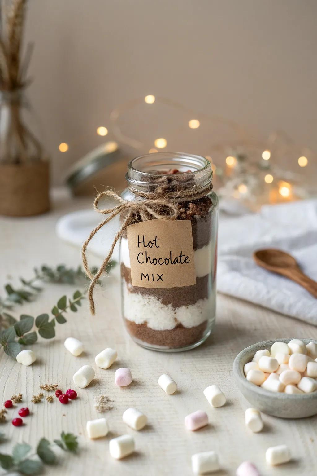 A touch of warmth and sweetness: Homemade hot chocolate mix in a charming jar, perfect for gifting.