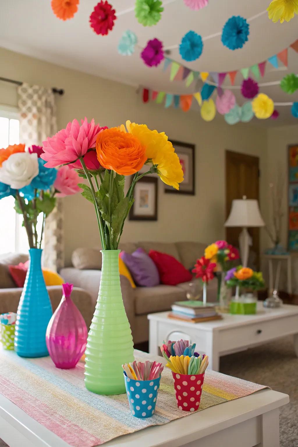 Vibrant paper flowers bring life to any party setting.