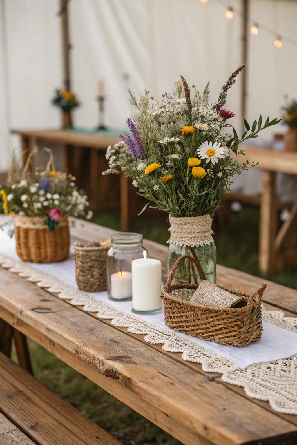 A bohemian-inspired table setting with cheesecloth and wildflowers.