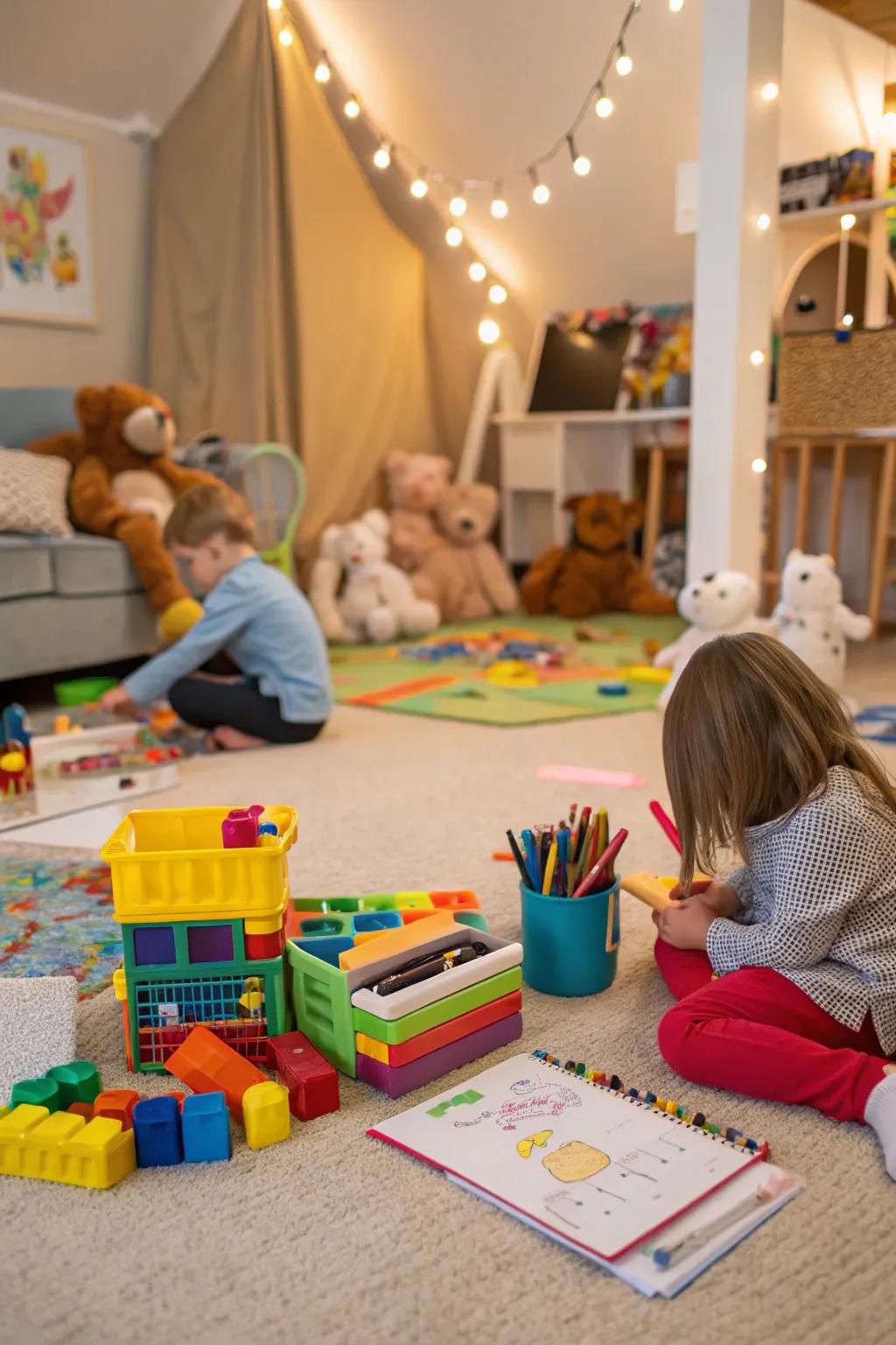 A children's playroom featuring a stain-resistant carpet, ready for playtime spills.