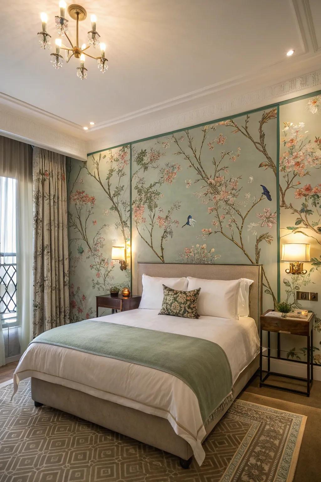 Chinoiserie wallpaper setting the tone for an elegant bedroom.