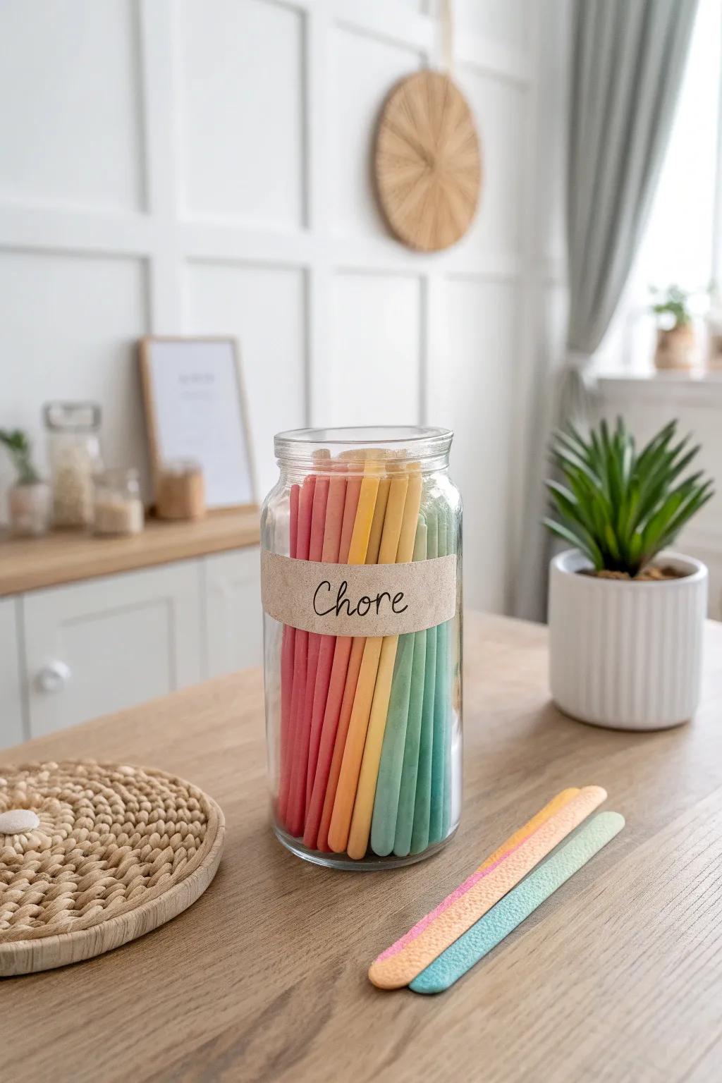 Add a splash of color to your chores with this playful popsicle stick jar, where household tasks become a delightful game!