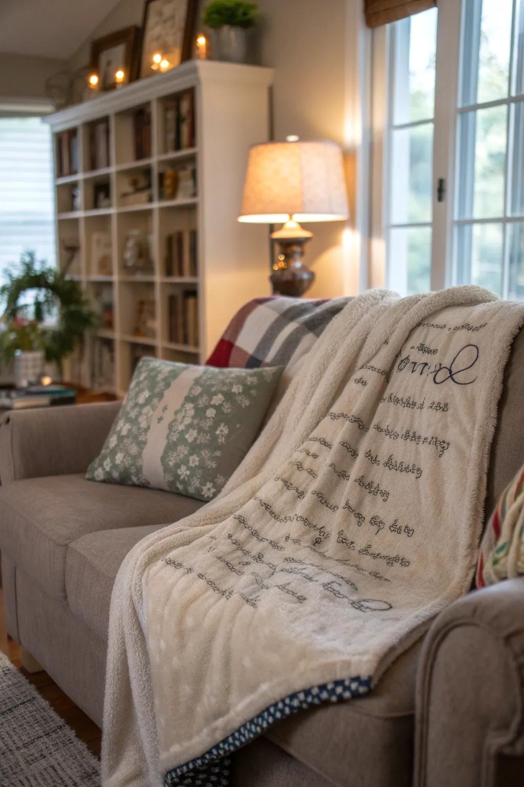 A plush throw blanket with embroidered scripture text.