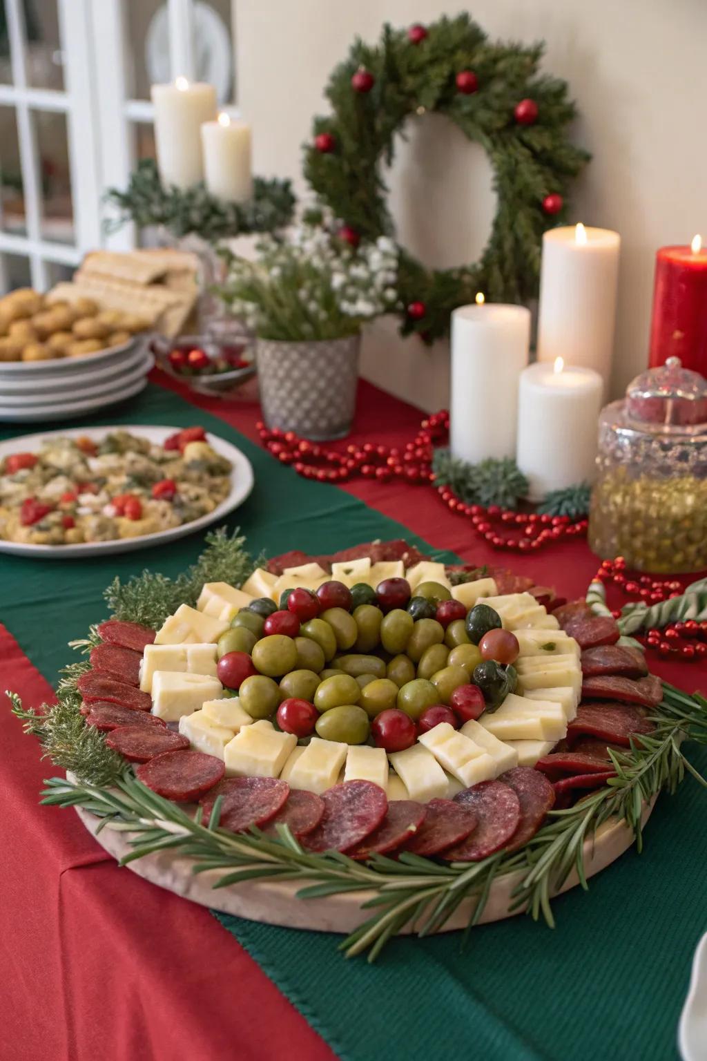 A festive wreath of appetizers sets the tone for your Christmas buffet.