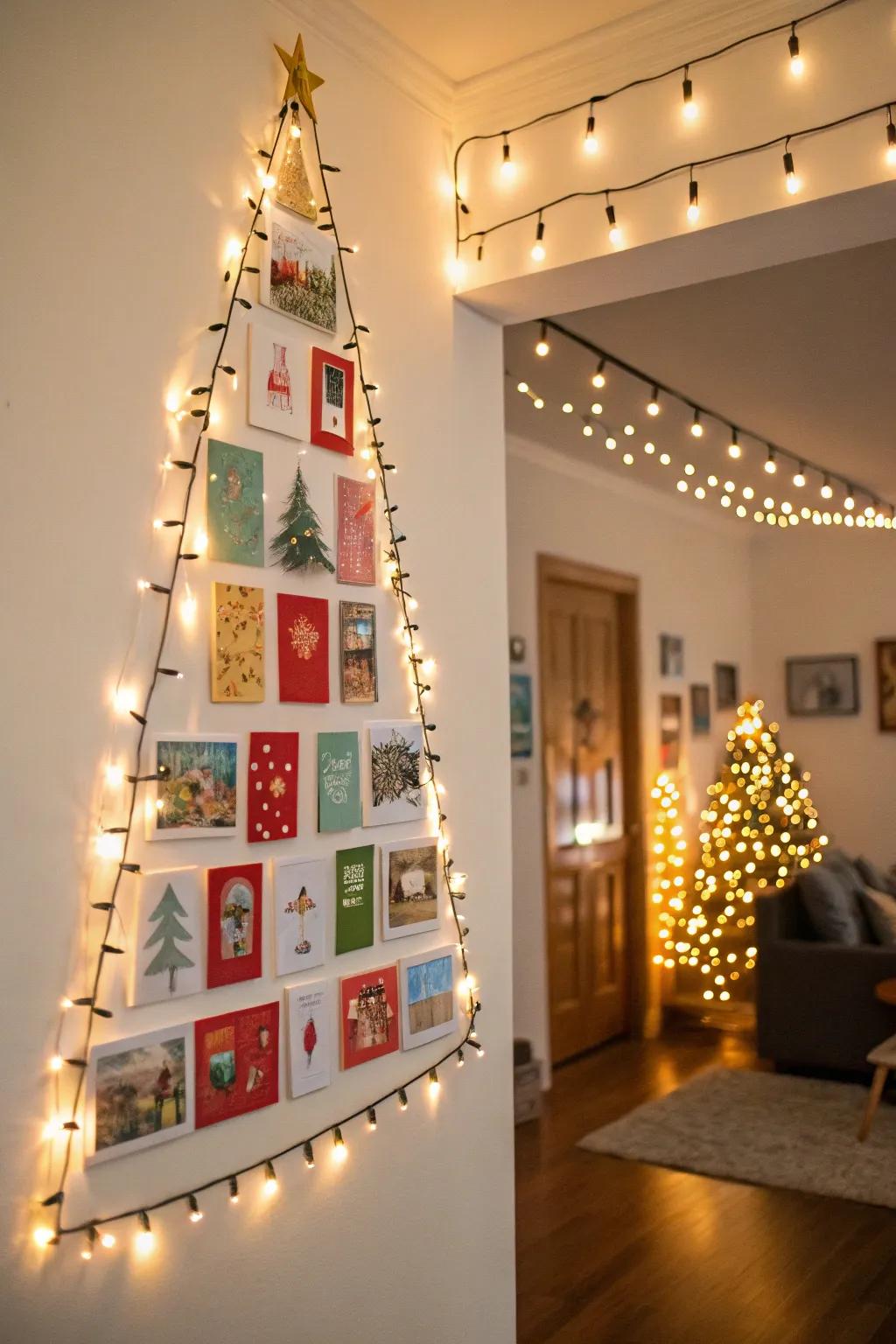 Turn your wall into a festive Christmas tree with greeting cards and lights.