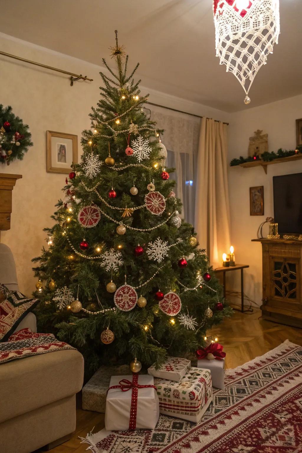 Ukrainian Christmas trees sparkle with cobweb ornaments, believed to bring good fortune.