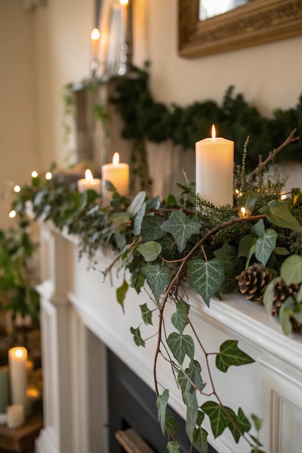 A mantelpiece adorned with seasonal foliage and candles sets a festive mood.