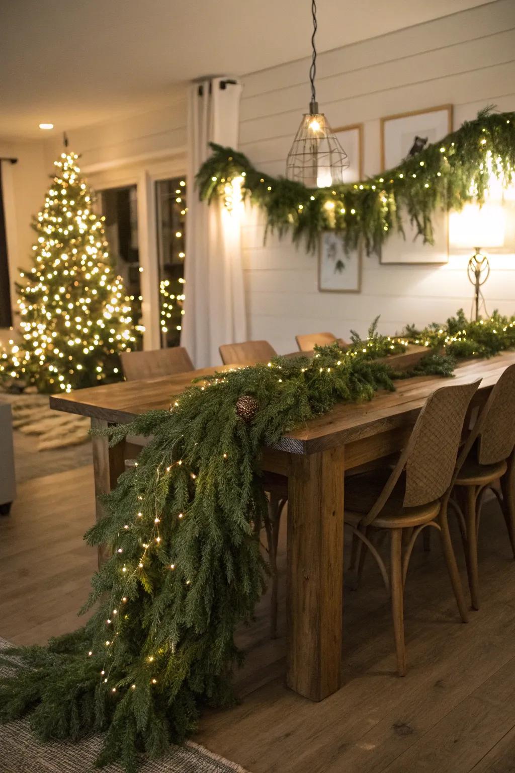 Evergreen garlands add a touch of nature and elegance to your dining room.