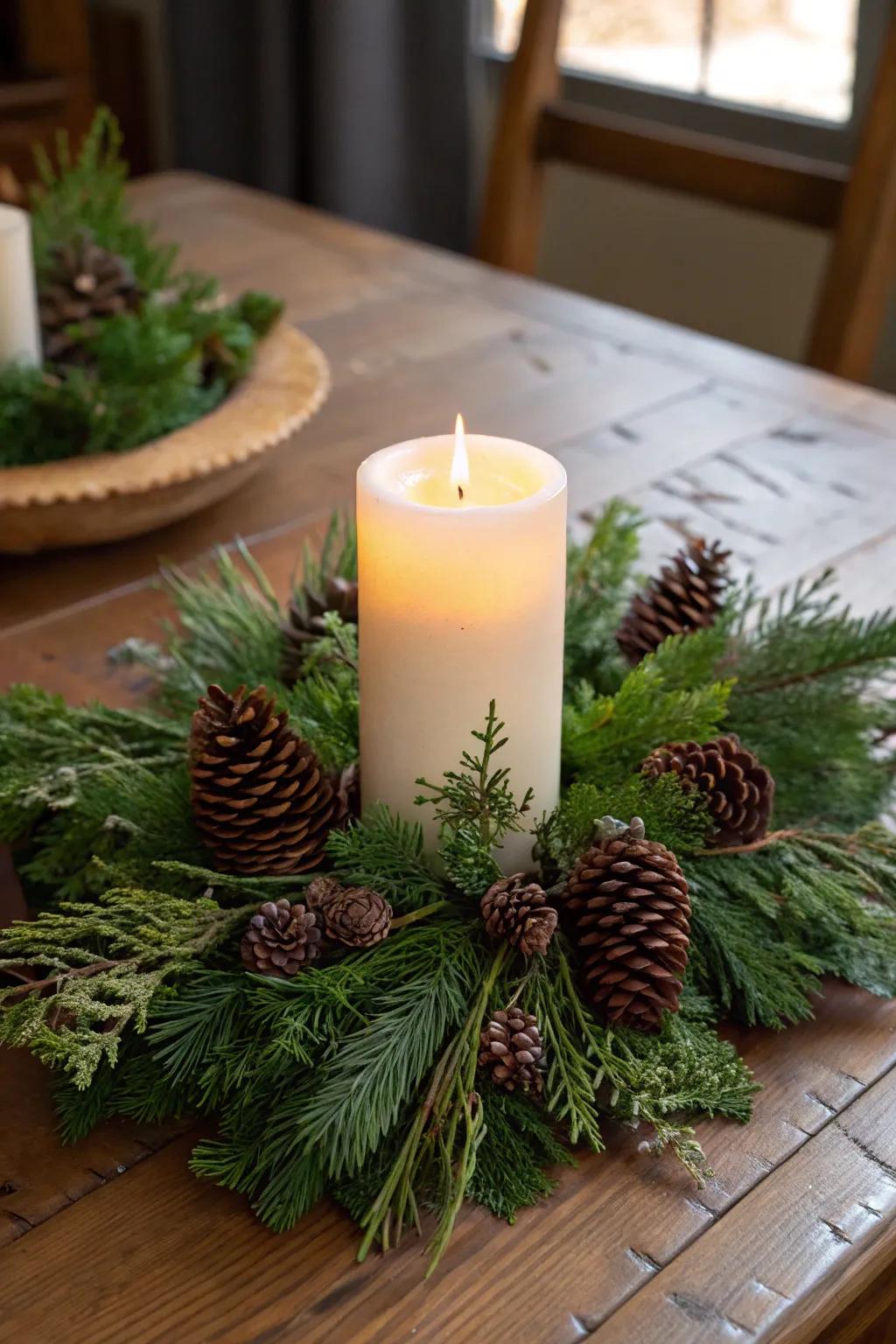 Classic elegance with evergreens and pinecones around a hurricane candle.