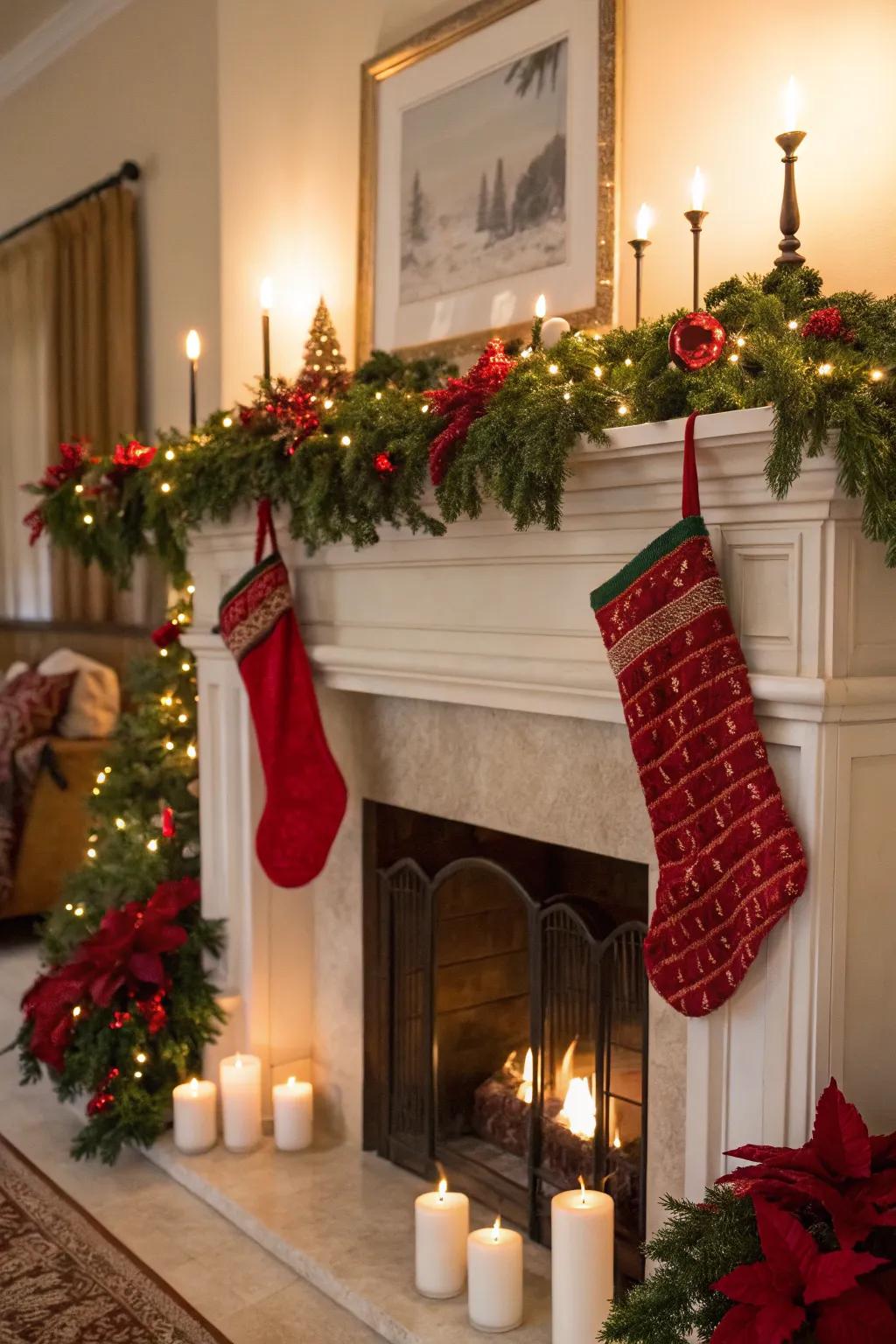 A timeless red and green Christmas mantel.