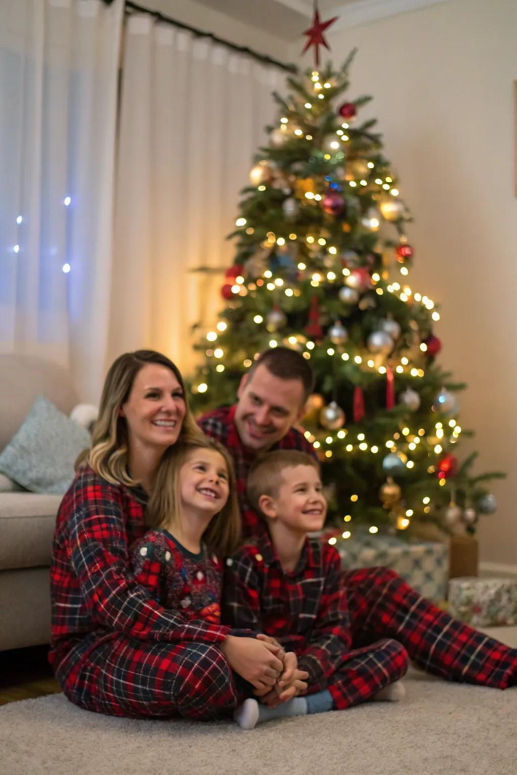 A family smiles in their matching pajamas in front of a beautifully decorated Christmas tree.