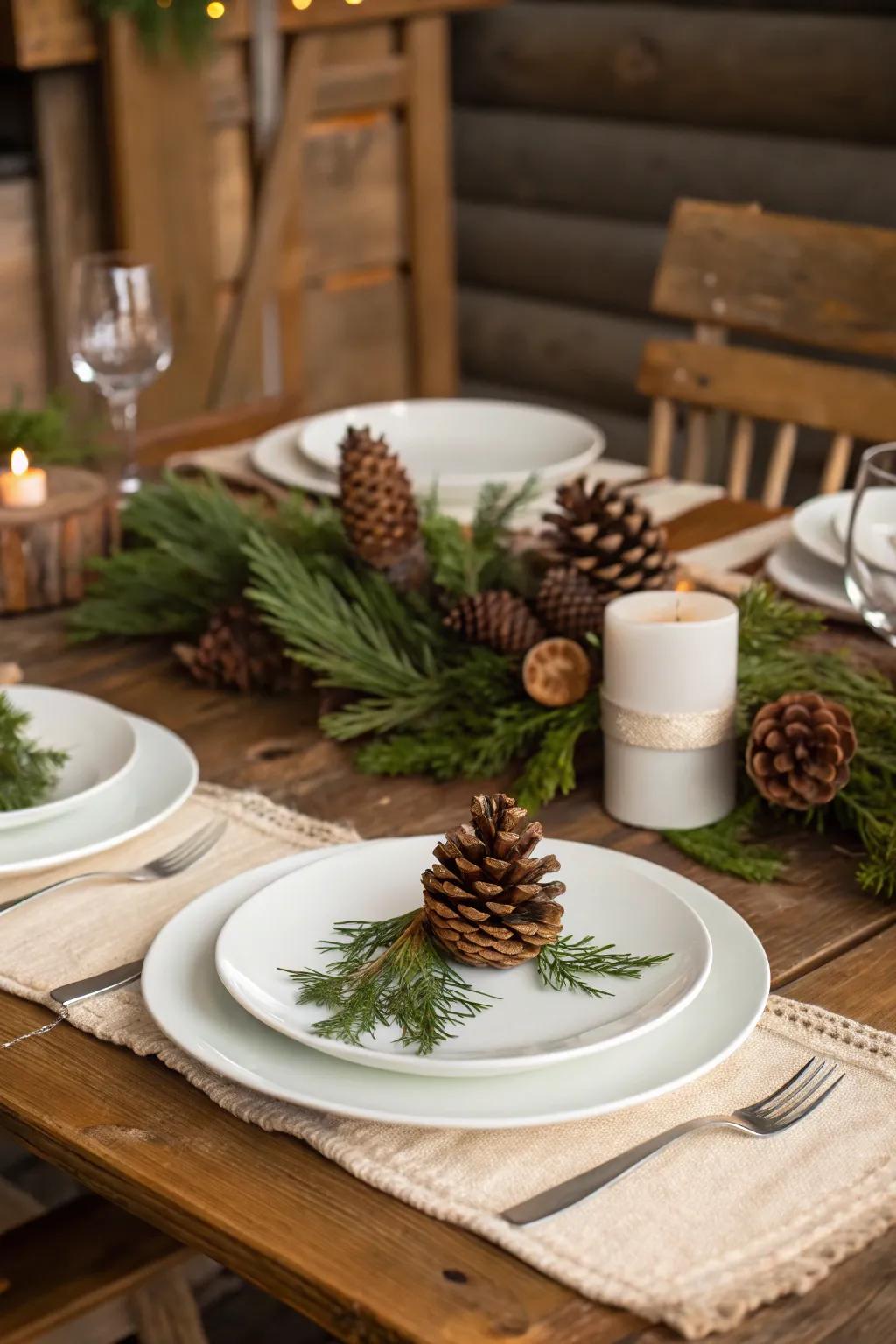 A rustic Christmas table setup with pine cones and greenery.