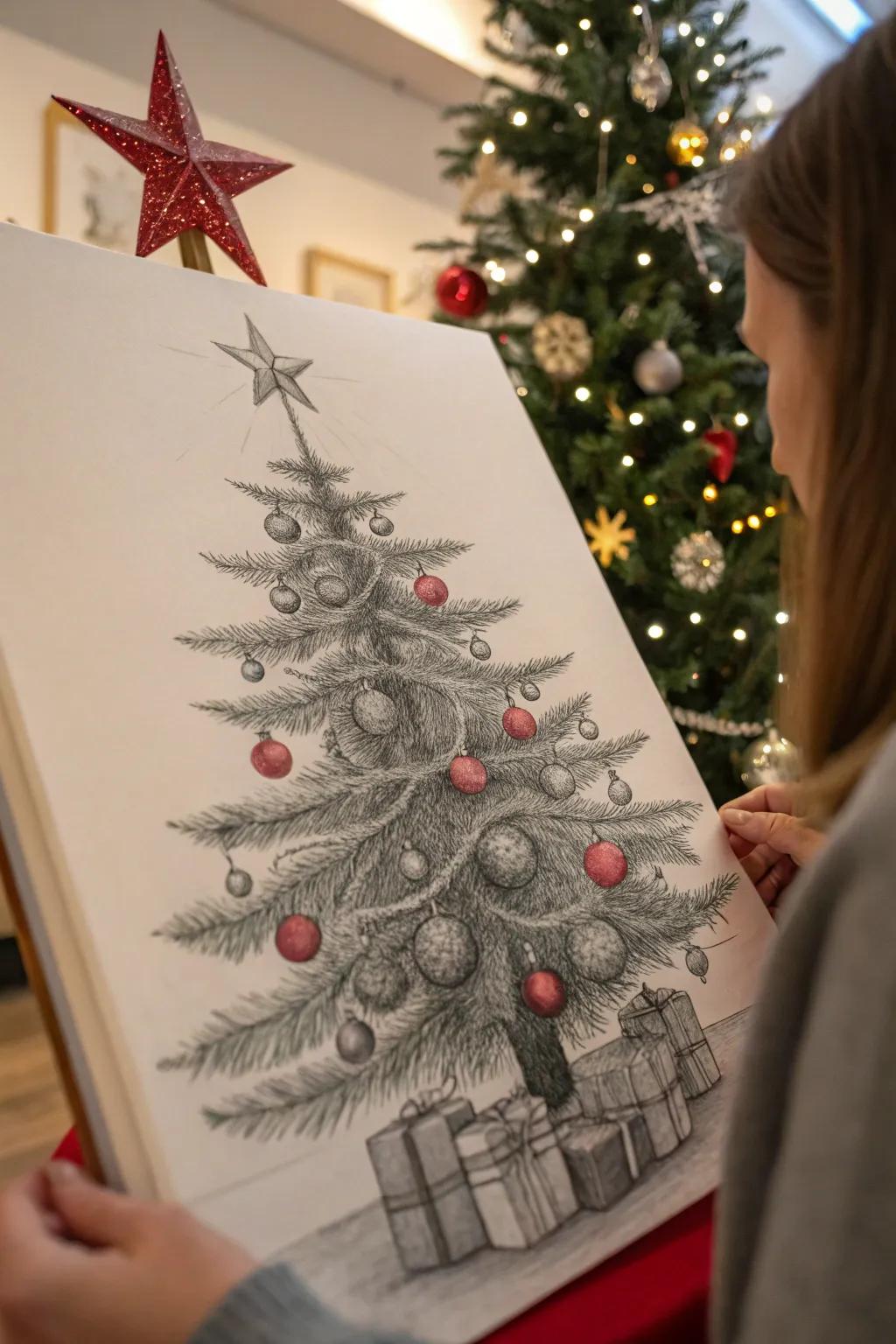 A classic Christmas tree sketch, complete with ornaments and a twinkling star.