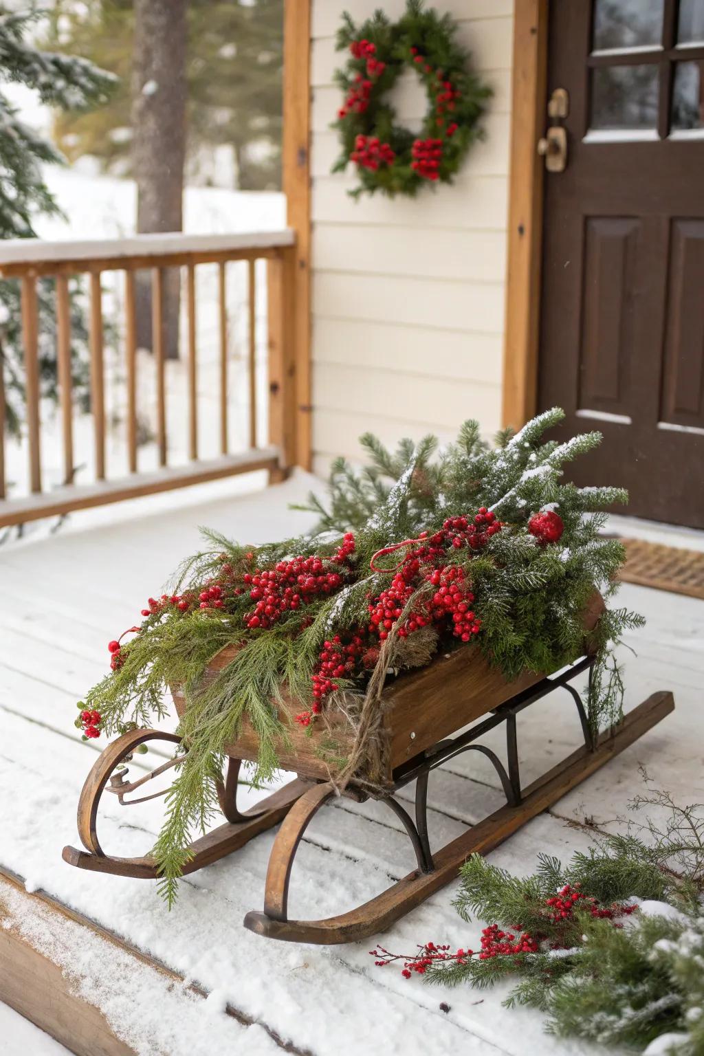 A classic sled adorned with festive greenery and berries.