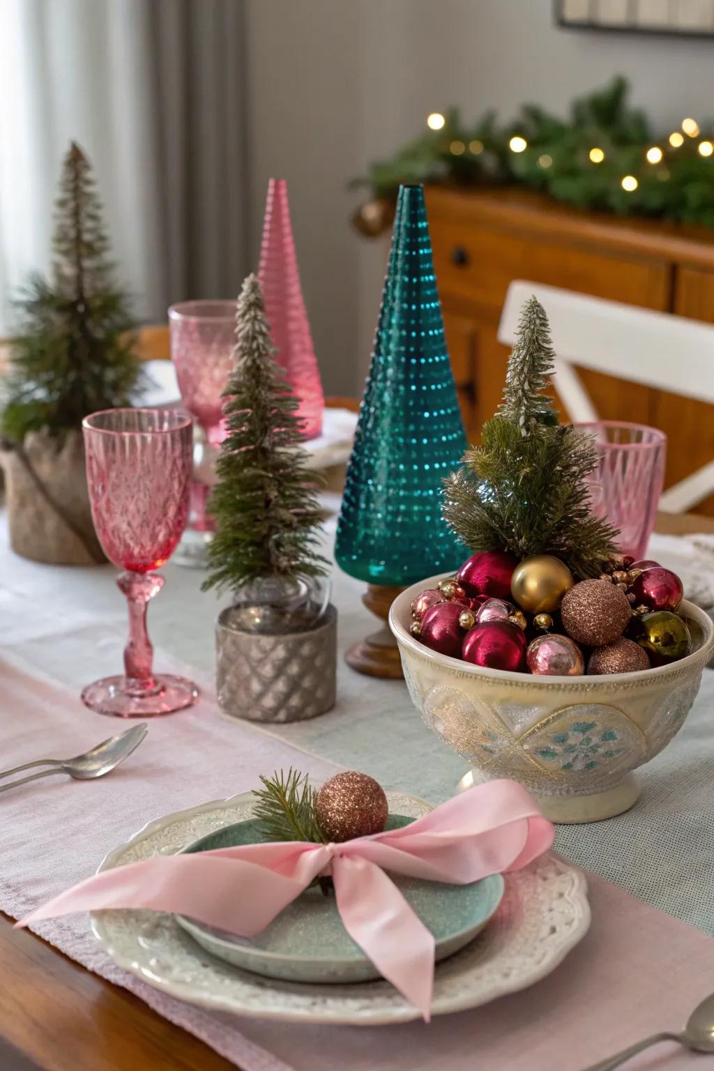 Add pops of pink for a whimsical Christmas table setting.