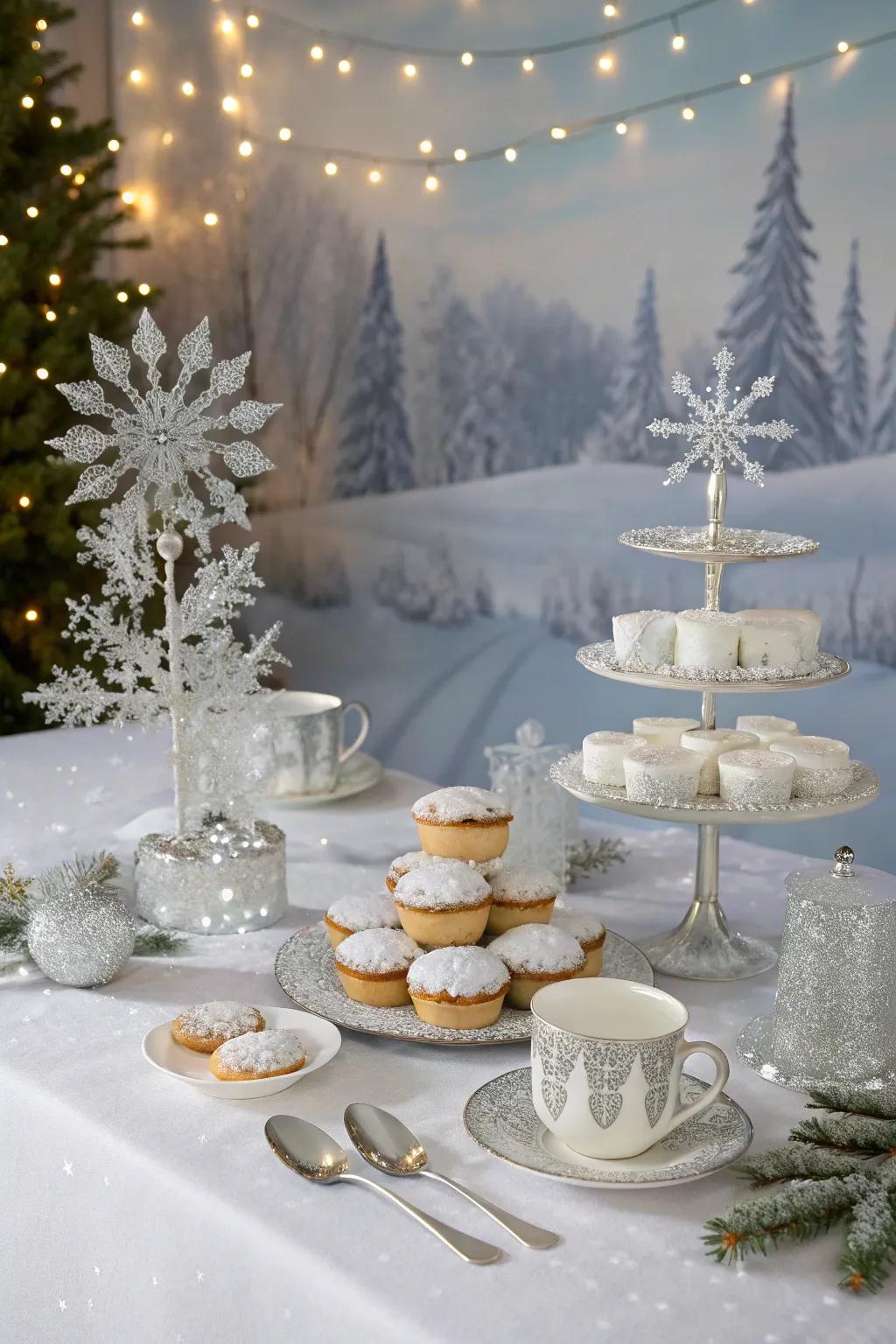 A Winter Wonderland-themed Christmas tea party setup.