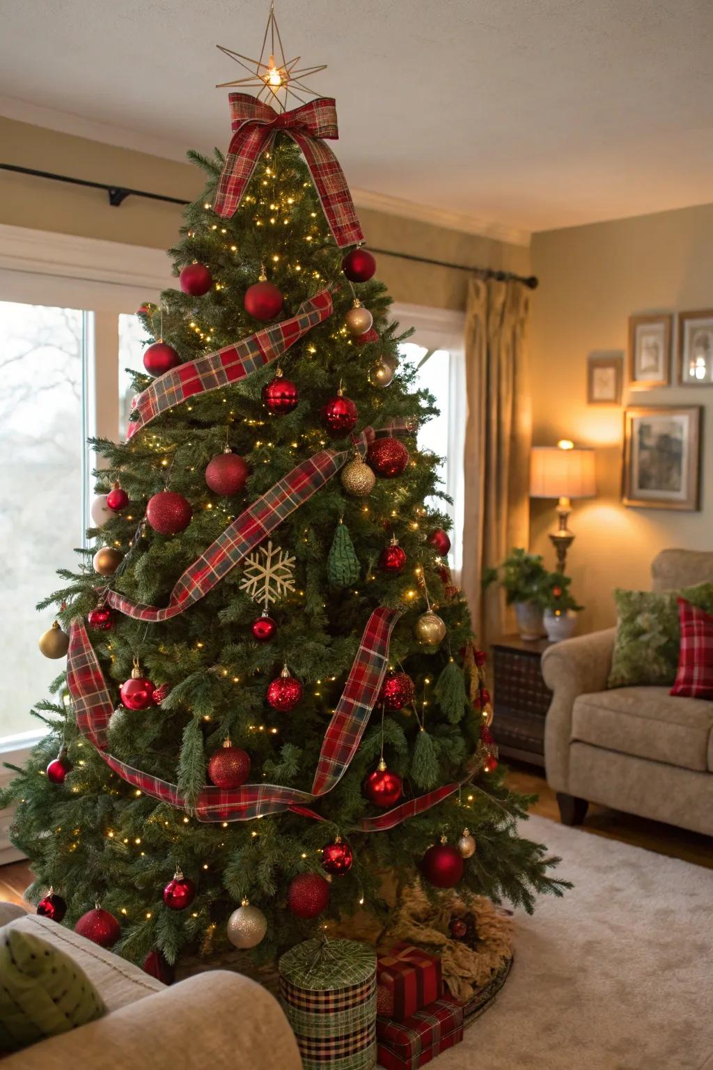 Classic red and green Christmas tree bringing nostalgic holiday cheer.