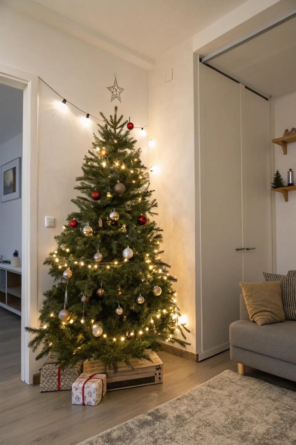 A space-saving wall-mounted Christmas tree brings holiday cheer without taking up floor space.