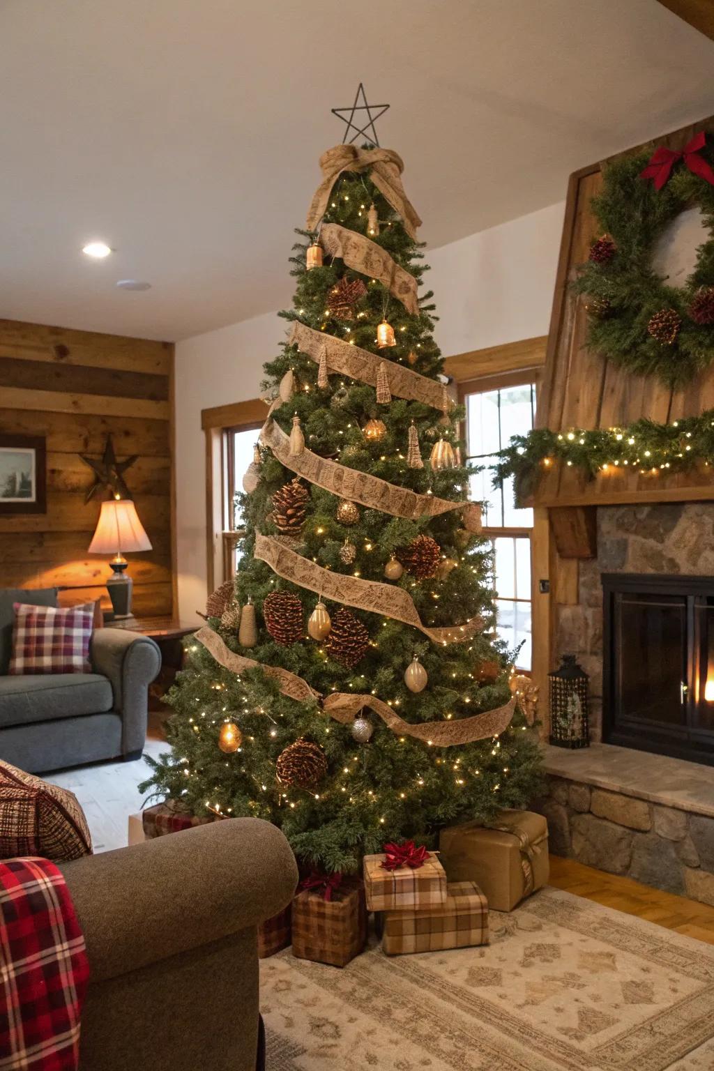 A Christmas tree adorned with burlap garlands and pine cones