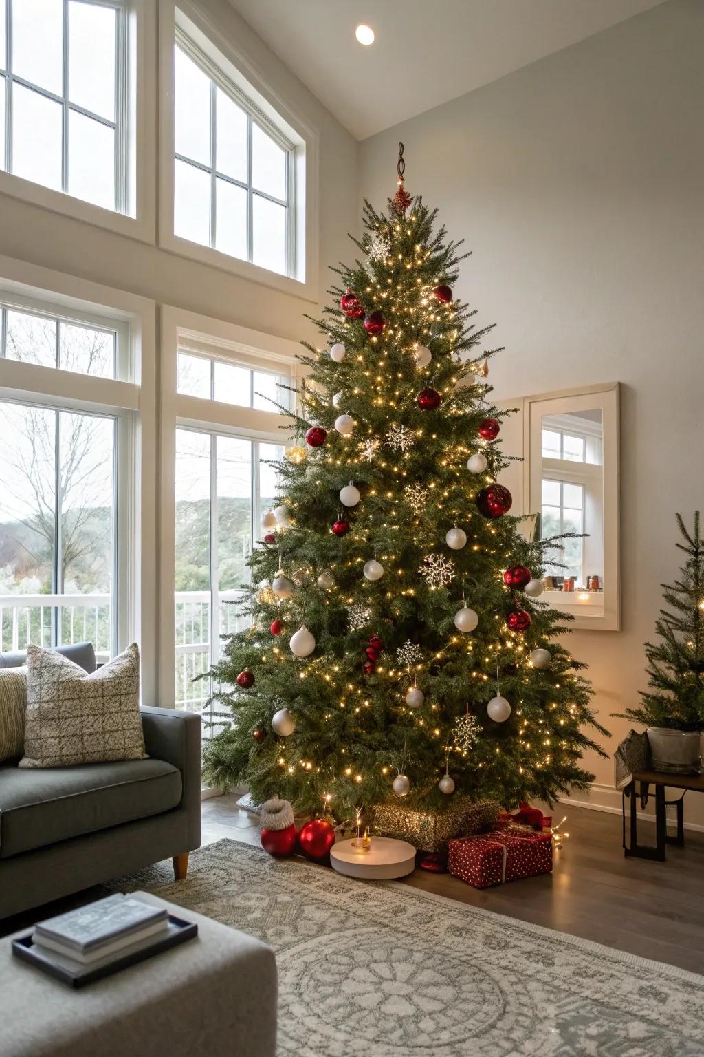 A classic white-lit Christmas tree exuding elegance.