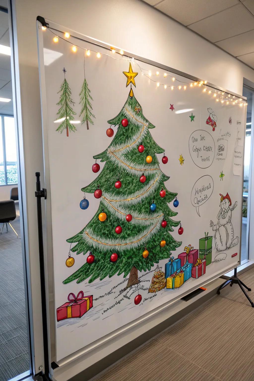 A classic Christmas tree drawing complete with ornaments and lights.