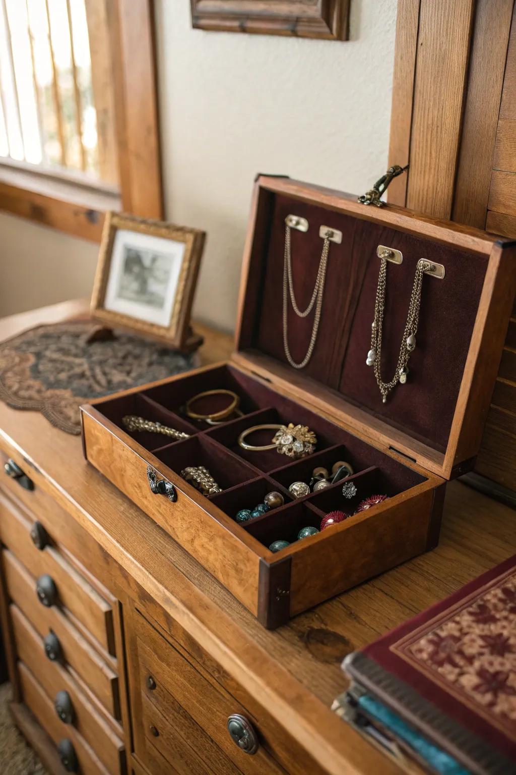 A vintage-style jewelry organizer crafted from a cigar box adds elegance to your dresser.