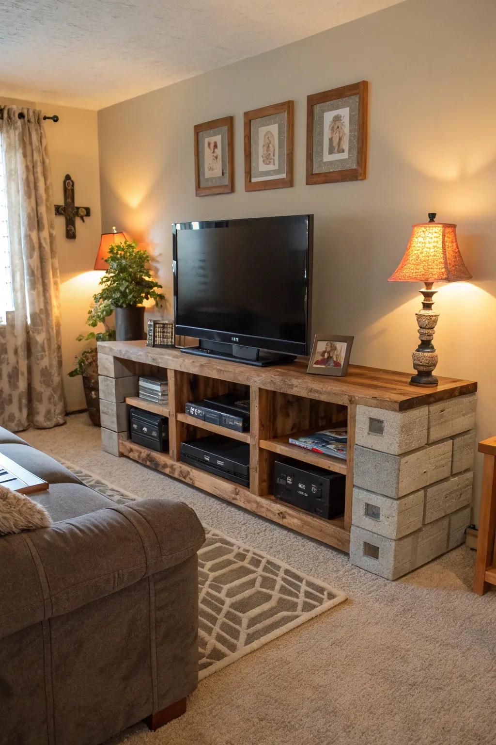 A traditional cinder block and wood plank TV stand adds warmth to a cozy living space.