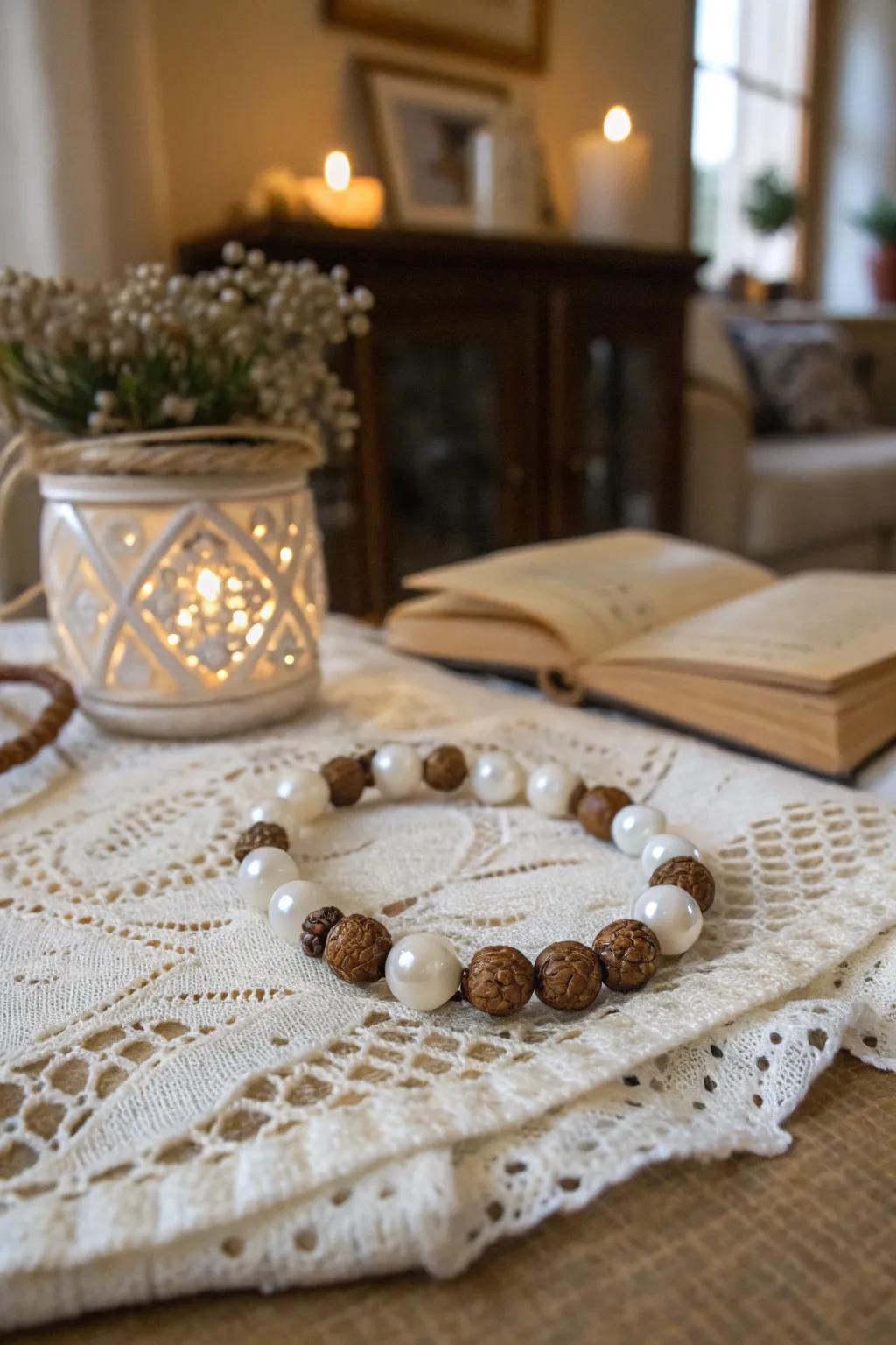 Timeless elegance with a classic pearl and clay bead bracelet.