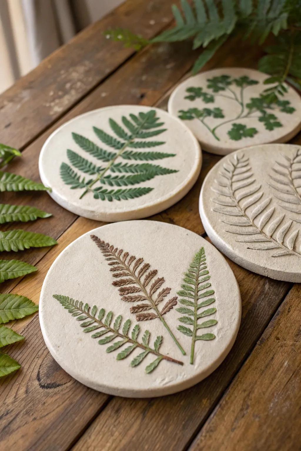 Botanical imprint coasters bring the outside in with natural elegance.