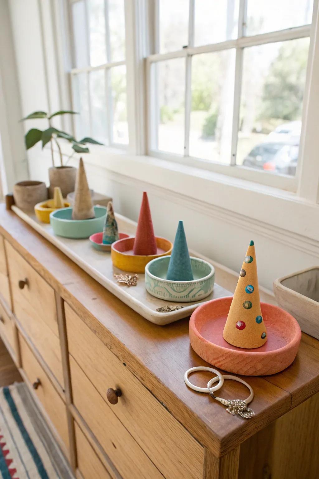 Handmade clay ring holders add charm and functionality to your dresser.