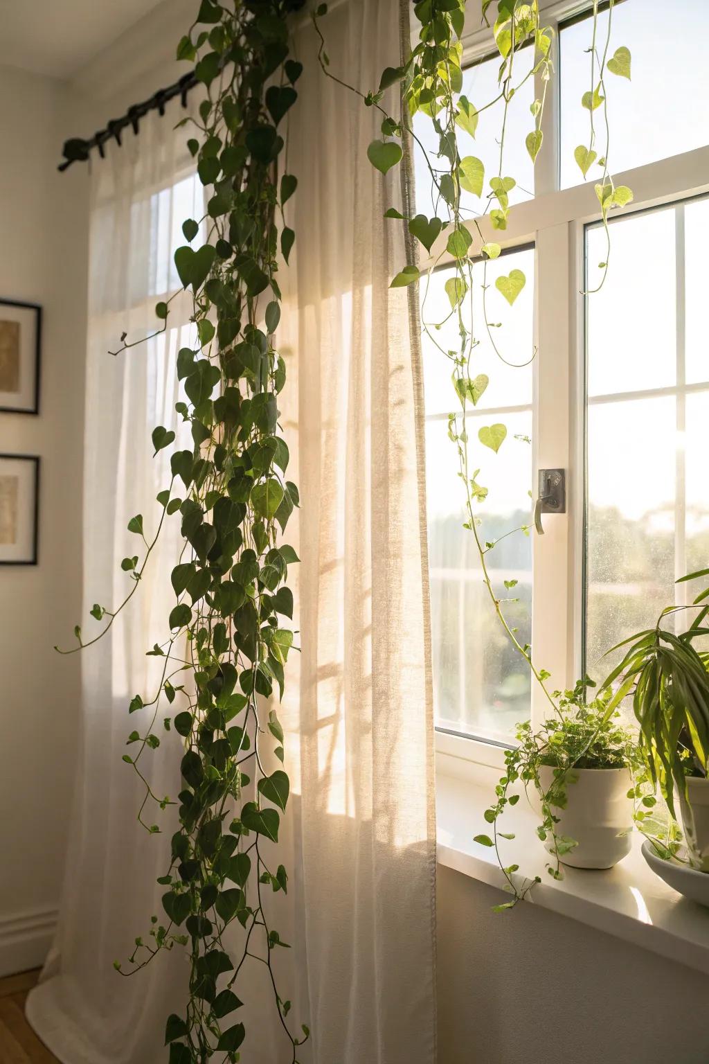 Curtain rods make a perfect perch for trailing plants.