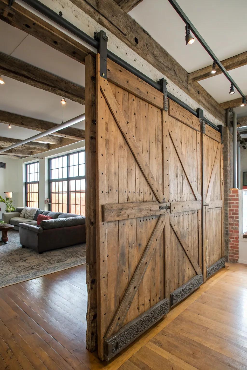 Sliding barn doors bring rustic charm with a modern twist.