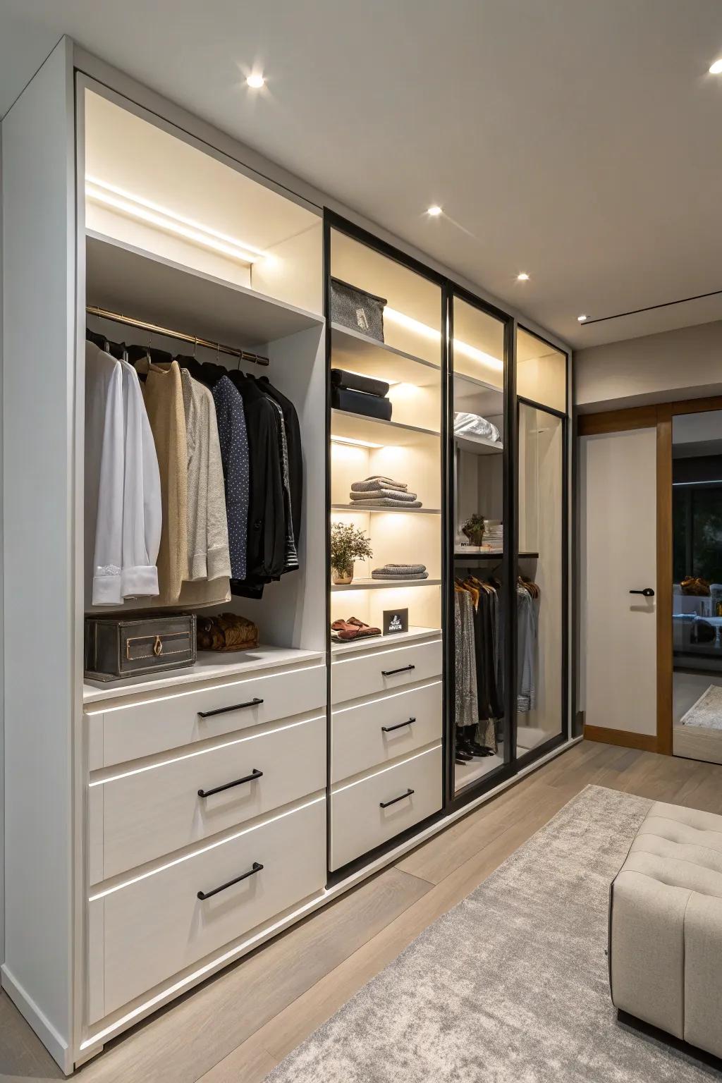 A minimalist closet with a sleek built-in dresser.