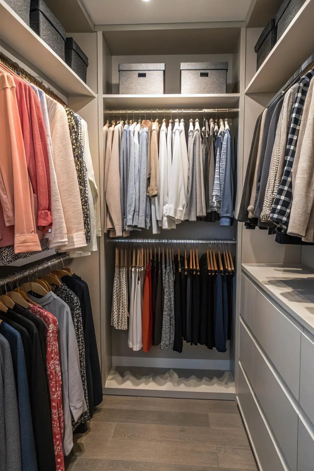 A closet utilizing vertical space with double hanging rods.