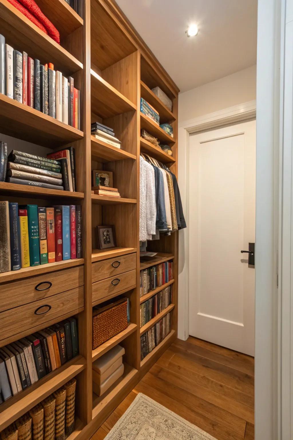 An underused closet becomes a charming library with custom shelves.