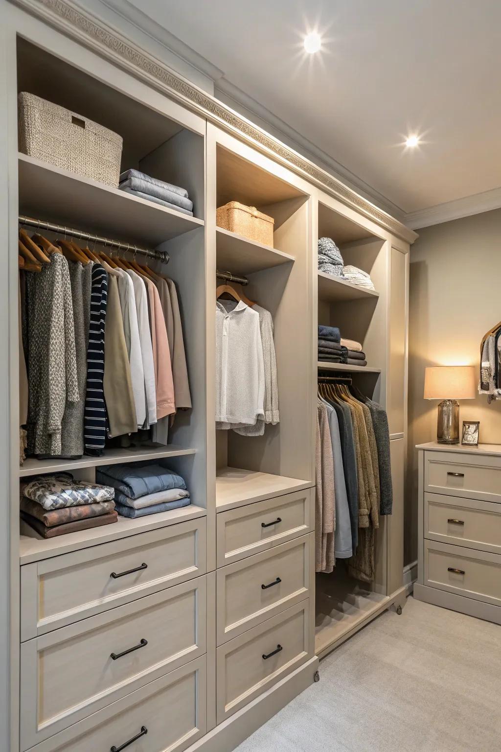 Neutral tones create a calming and cohesive closet space.