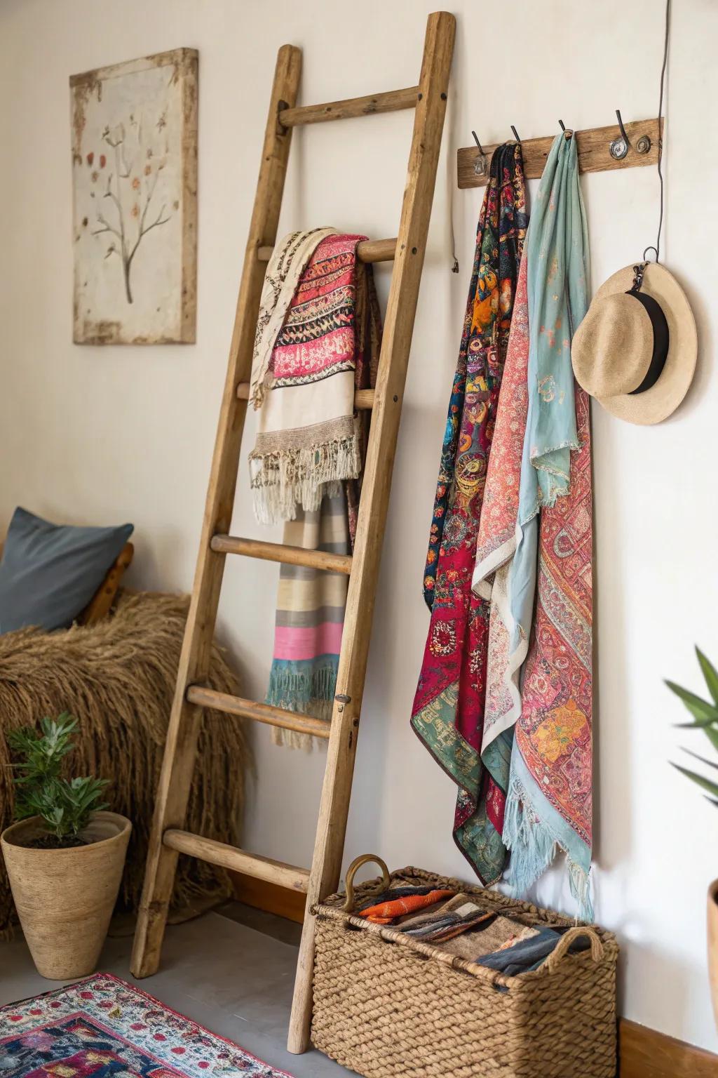 A wooden ladder transformed into a chic bohemian clothes hanger.