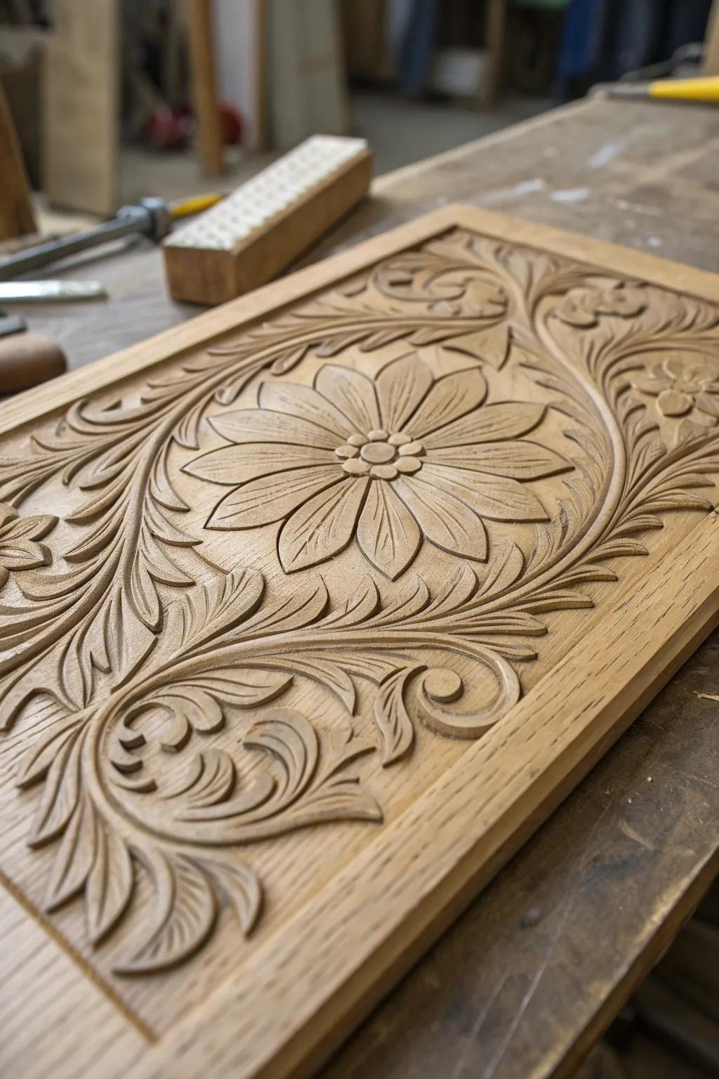 Discover the allure of craftsmanship with these elegant wood engravings, where simple floral patterns transform wood into art.