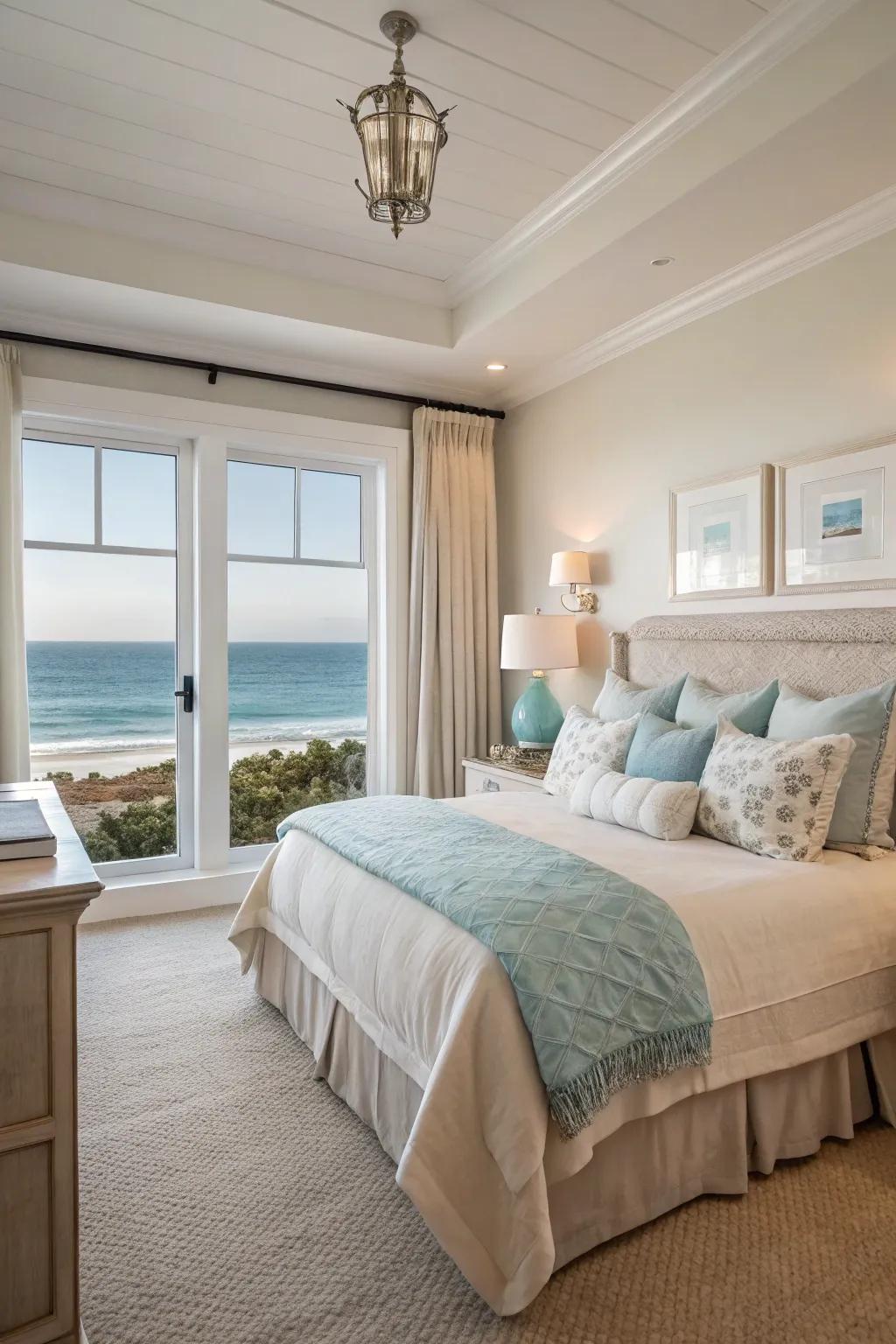 A neutral palette sets a calming tone for a coastal bedroom.