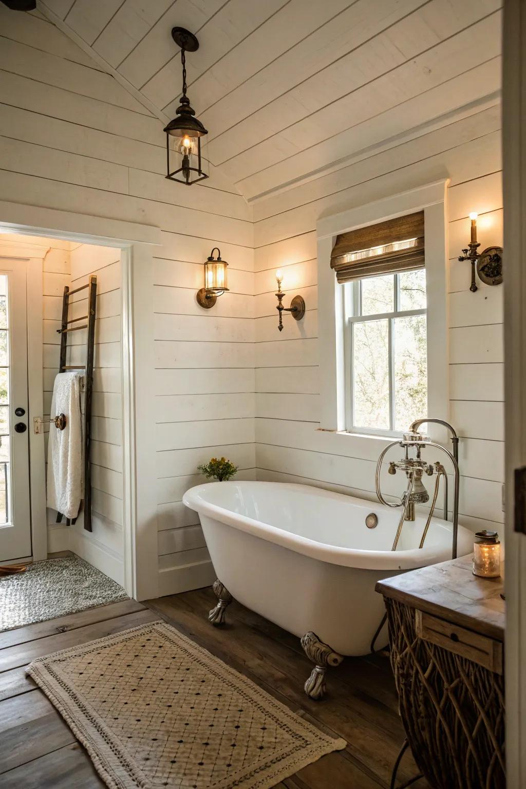 White shiplap walls provide a clean, coastal backdrop in this farmhouse bathroom.