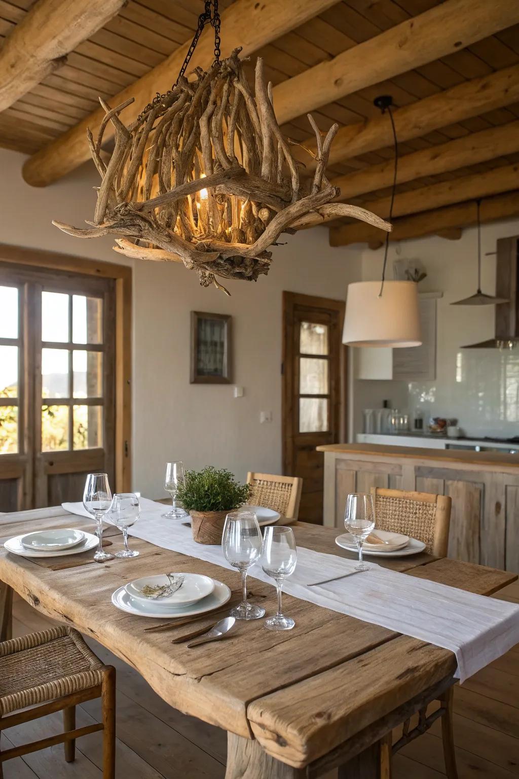 A driftwood chandelier adds natural elegance to any dining room.