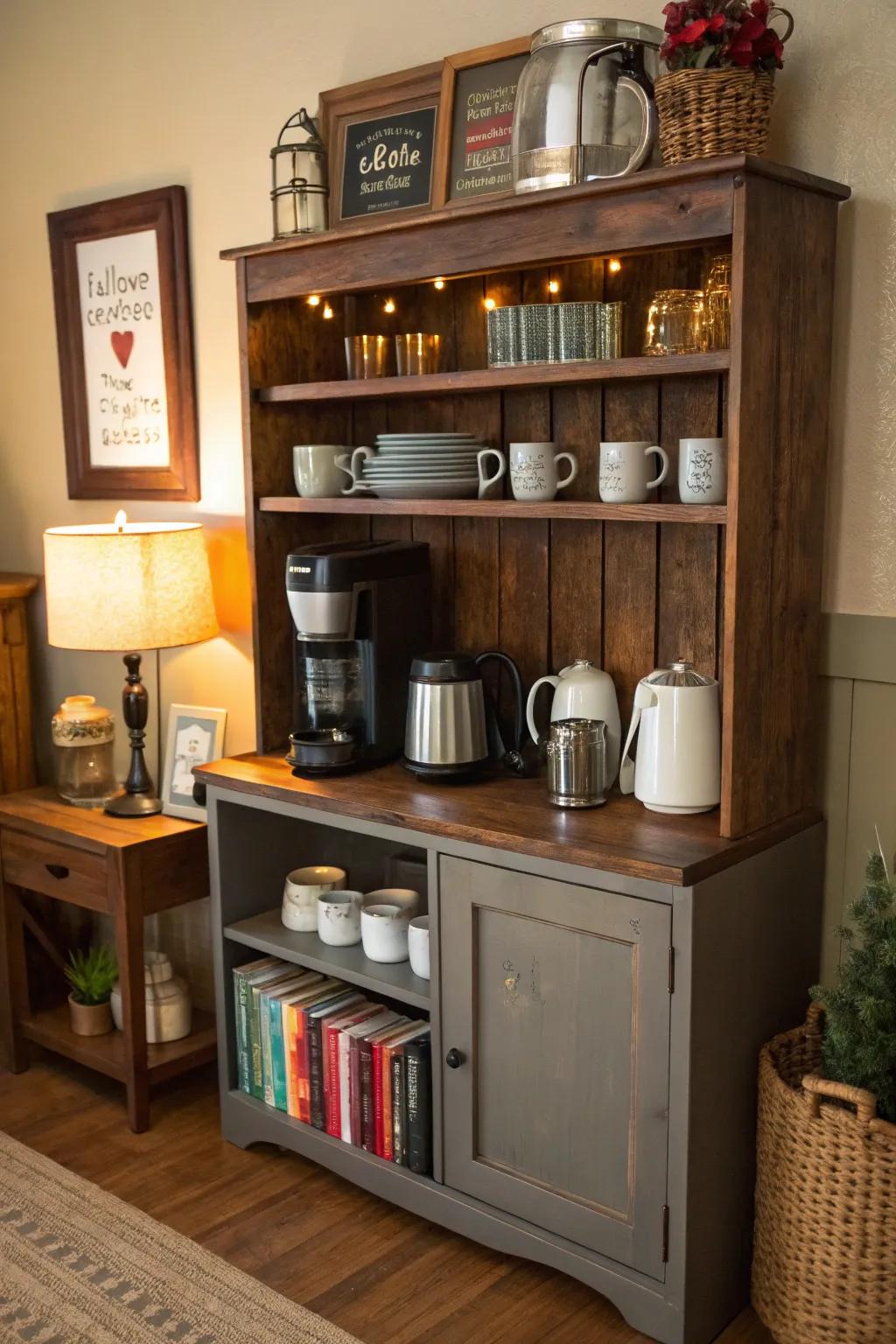 Turn a simple bookshelf into a charming coffee bar.