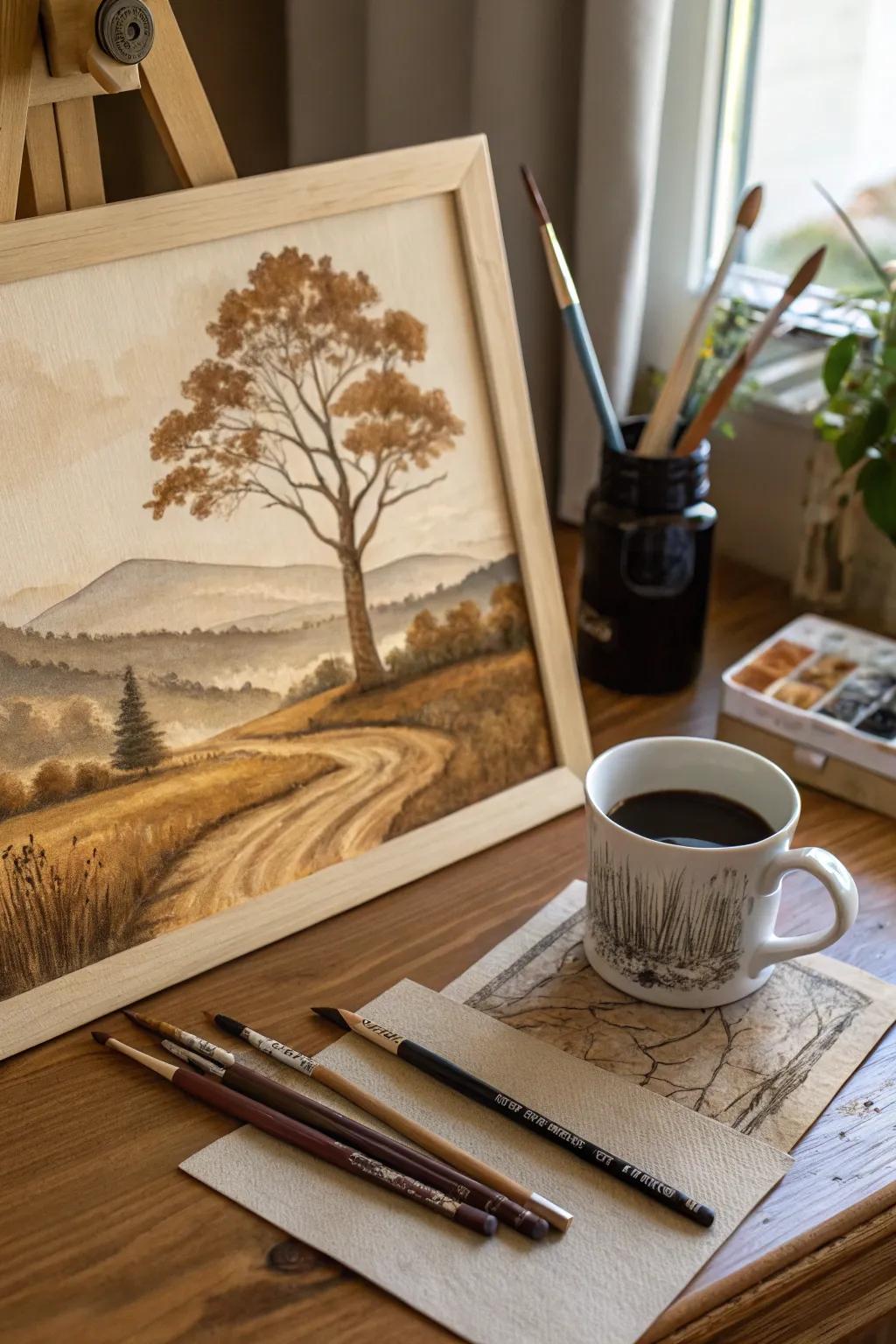 Capture the essence of nature with coffee-stained landscapes.