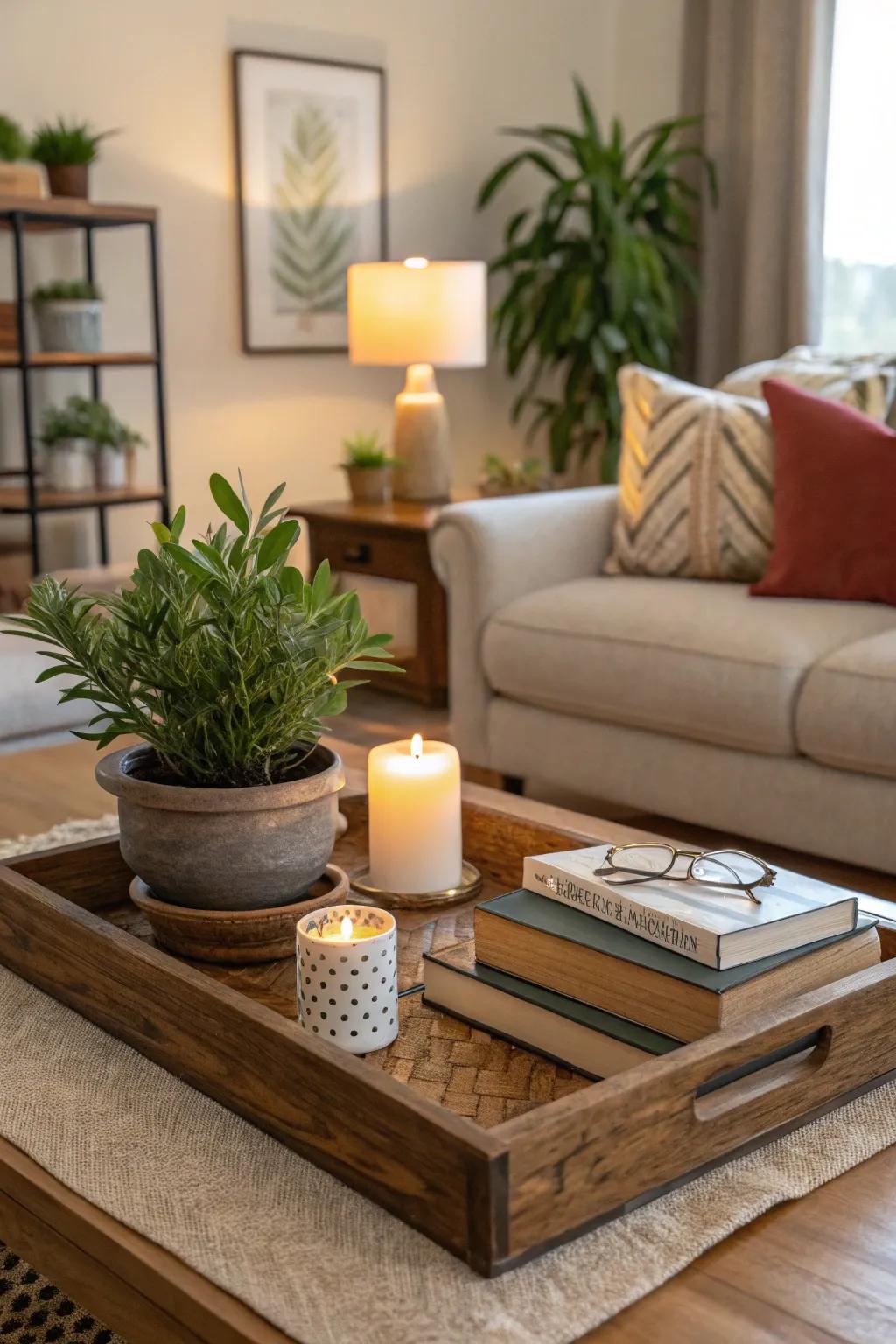 A rustic wooden tray centerpiece on a coffee table.