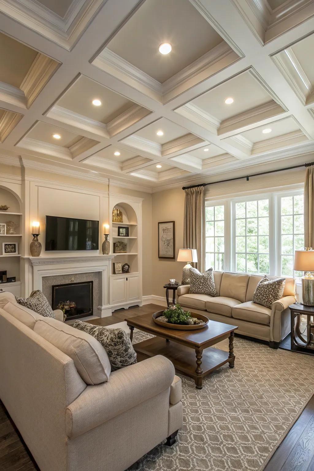 Shallow coffers add depth and elegance to standard ceilings.