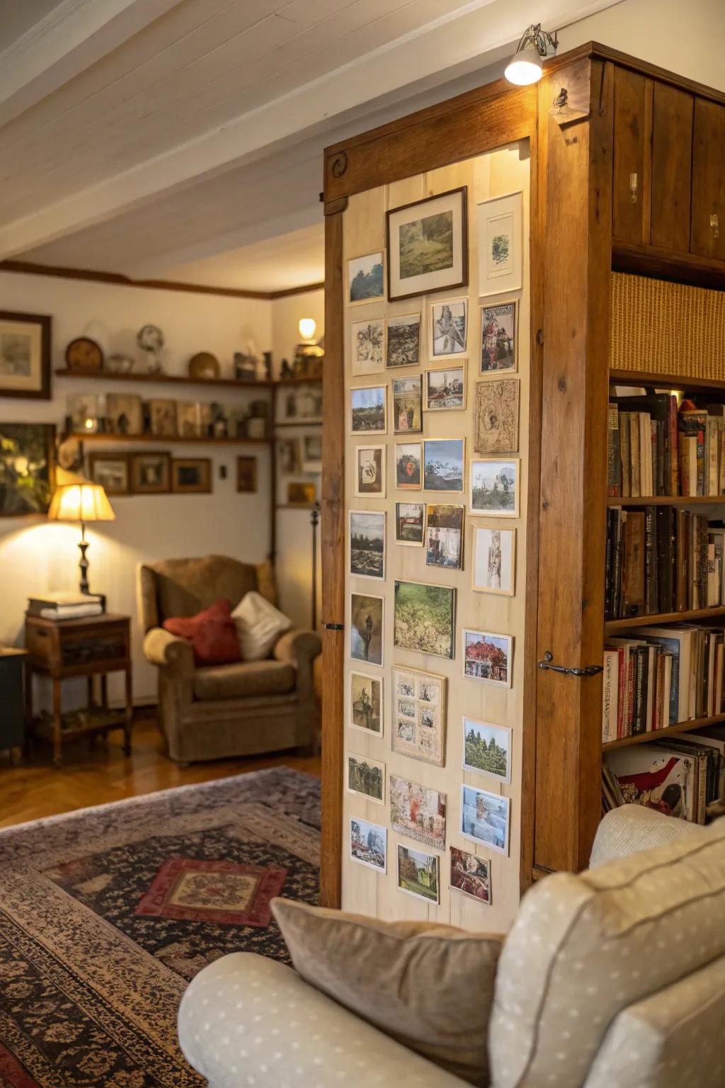 Vintage postcards create a timeless and personal collage board in a cozy setting.