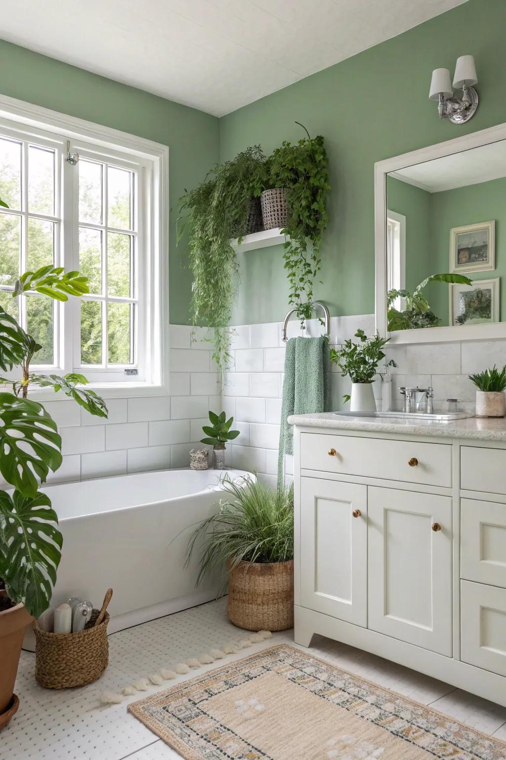 Sage green paired with white creates a peaceful, nature-inspired bathroom.