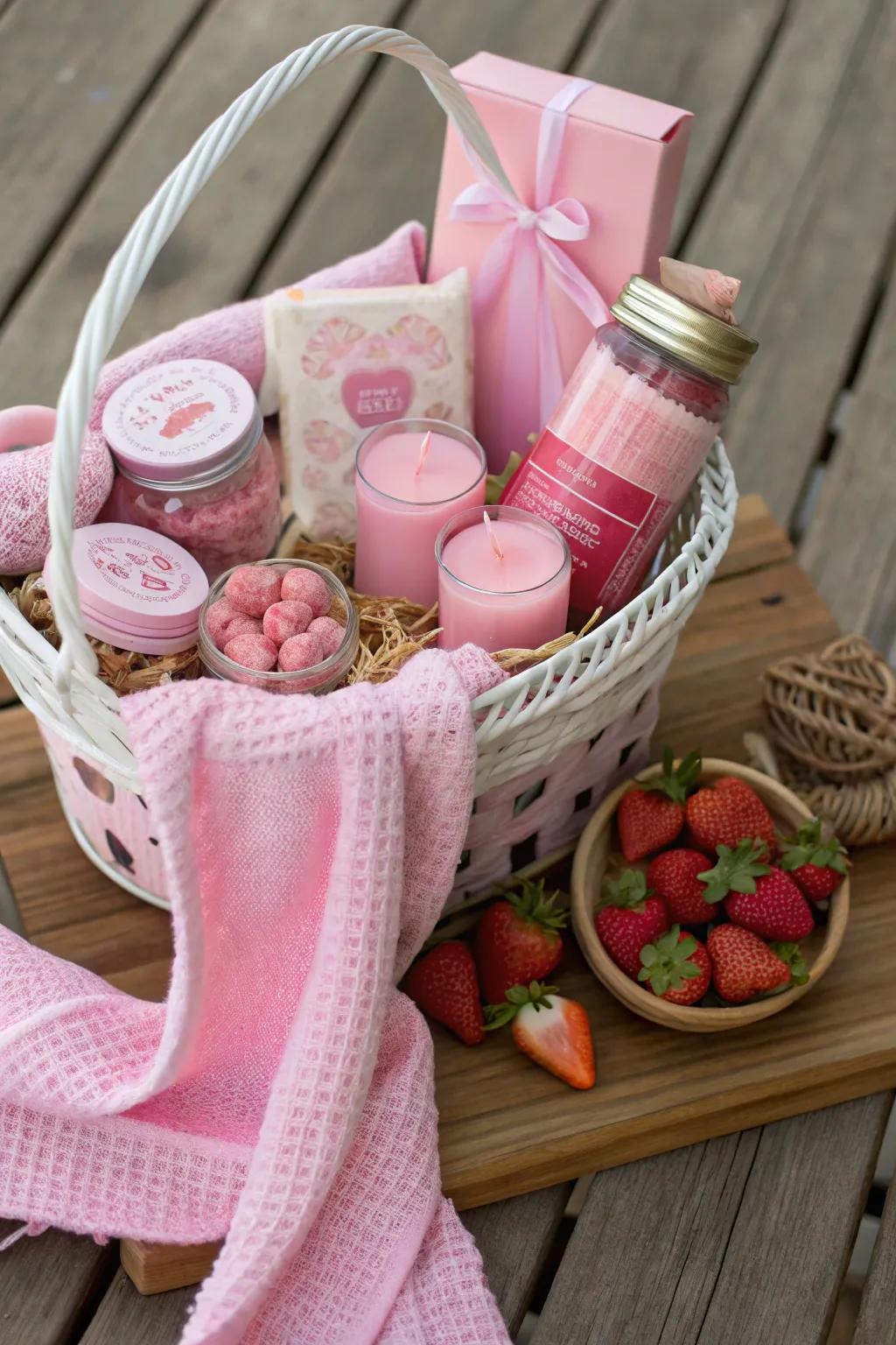 A sweet and vibrant pink-themed gift basket.