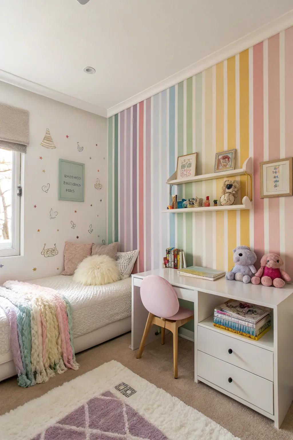 Soft pastel rainbow wall stripes create a dreamy atmosphere in this girls' room.