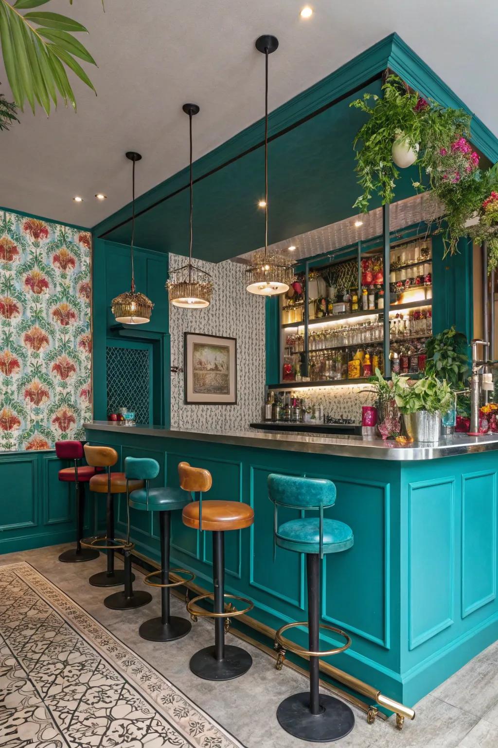 A small salon bar painted in bold teal, accented with colorful decor.